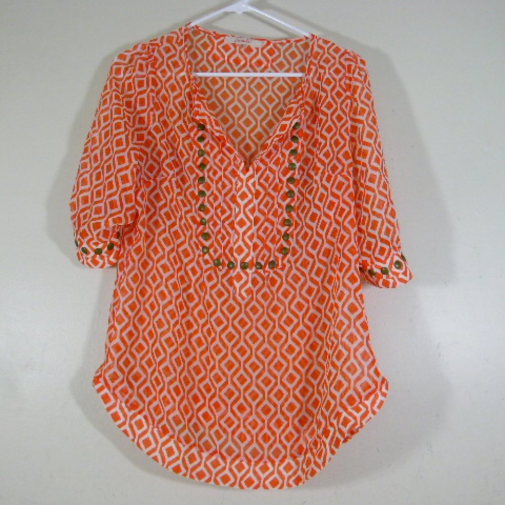Pomolo Stitch Fix Womens Small Top Moni Geo Orange White Stud Blouse - Size S